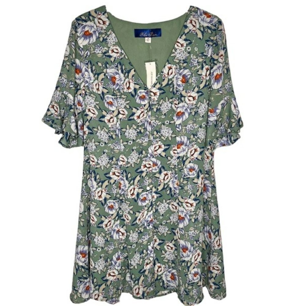 Francesca's Blue Rain Opaline Floral Dress - Blue/Red/White on Green - M